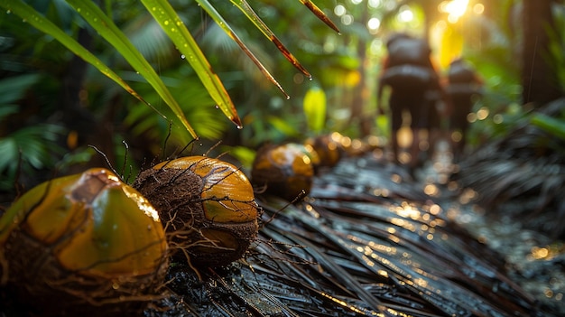 Foto la cosecha de cocos en un palmeral en el fondo