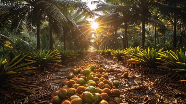 La cosecha de cocos en un palmeral en el fondo