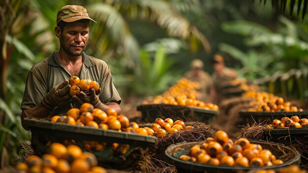 Foto la cosecha de cocos en el papel tapiz de un palmeral