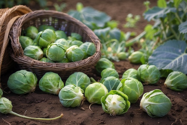 Cosecha de coles de Bruselas en el jardín