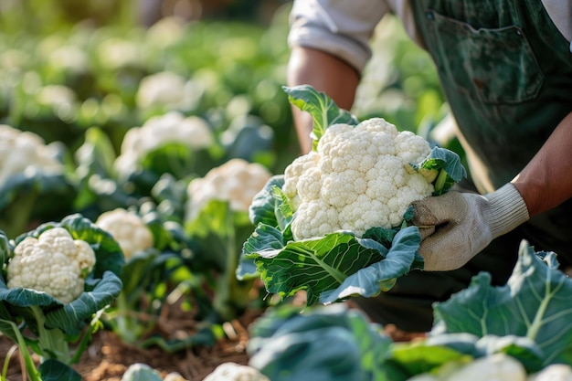 La cosecha de coliflor en el jardín