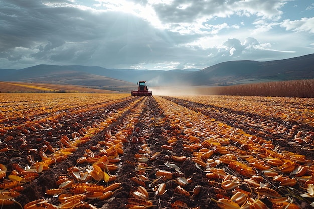 Foto la cosecha combinada de trigo amarillo en el campo de otoño turquesa oscura y rojo carmesí claro rojo e índigo oro oscuro y carmesí ia generativa