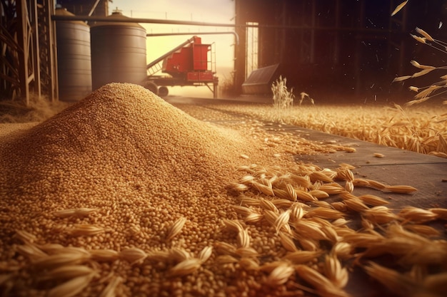 Cosecha después de la siembra al final de la temporada de crecimiento Los trabajadores recolectan productos maduros Soja trigo maíz girasoles Tractor y cosechadora Equipo agrícola y máquina agrícola IA generativa