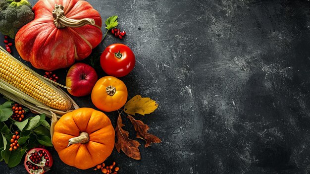 Cosecha festiva de otoño Una abundante variedad de frutas y verduras vibrantes en una elegante piedra negra