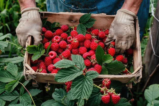 La cosecha de frambuesas en el jardín