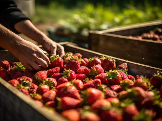 Foto la cosecha de fresas en la granja