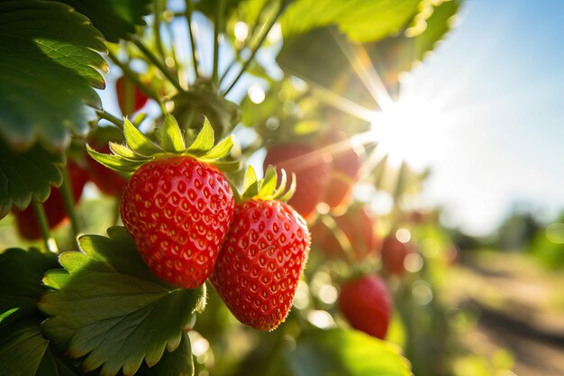 Foto cosecha de fresas maduras grandes frutas de fresa roja orgánica en el jardín banner con plantas de fresa i