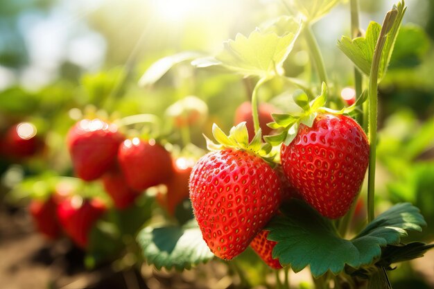 Foto cosecha de fresas maduras grandes frutas de fresa roja orgánica en el jardín banner con plantas de fresa i