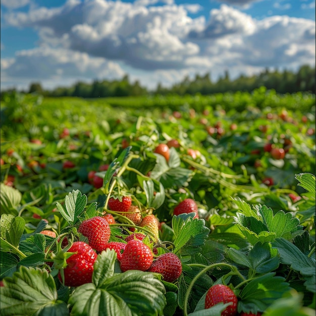 Cosecha de fresas de verano en Lituania Campo de fresas bajo el cielo azul