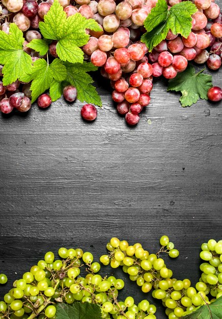 Cosecha fresca de uvas rojas y verdes en pizarra negra.