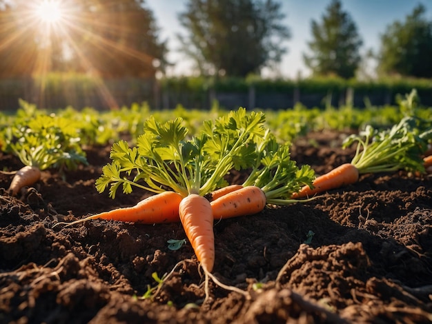 Cosecha fresca de zanahorias en el suelo en un huerto en una granja Permacultura Orgánica