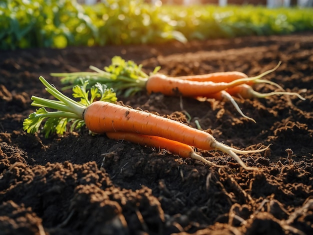 Cosecha fresca de zanahorias en el suelo en un huerto en una granja Permacultura Orgánica