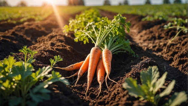 Cosecha fresca de zanahorias en el suelo en un huerto en una granja Permacultura Orgánica