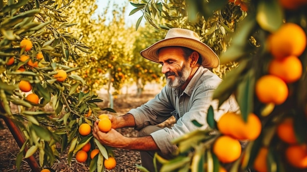 Cosecha de frutos de naranjos en un campo GENERAR IA