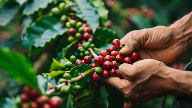 La cosecha de granos de café maduros en el árbol de Banner