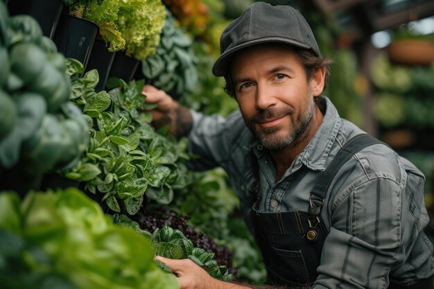 La cosecha del hombre verde en el sombrero la recolección de lechuga