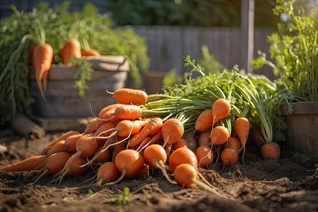 Una cosecha madura de zanahorias naranjas en el jardín con un rayo de sol es la cosecha de otoño de un producto ecológico natural de su jardín generado por la IA