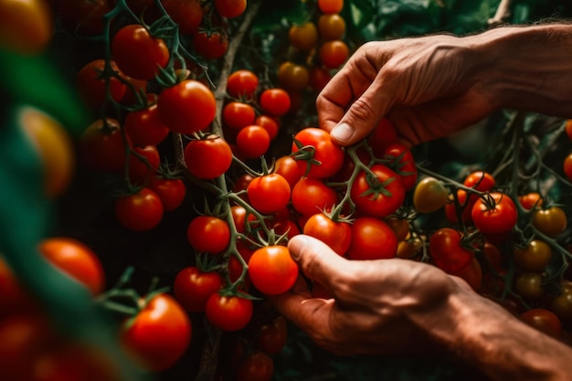 Cosecha manual de tomates cherry rojos cosecha generativa ai