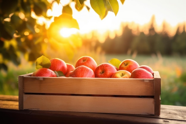 Foto cosecha manzanas en un cajón en la mesa
