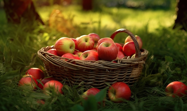 La cosecha de las manzanas rojas maduras en la canasta de mimbre