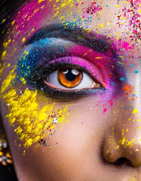 Foto cosecha de ojo femenino con maquillaje colorido hermosa modelo con creatividad holi arte maquillaje feliz holi