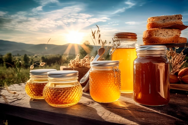 Cosecha de oro Los tarros de miel dorada adornan una mesa de madera rústica al aire libre