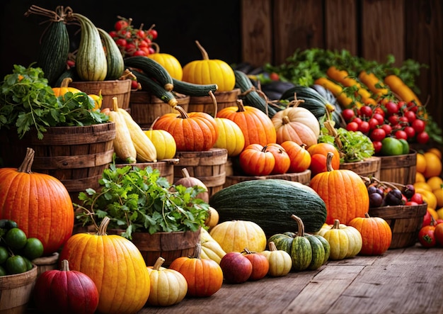 Cosecha de otoño de calabazas y otras verduras sobre un fondo de madera rústica