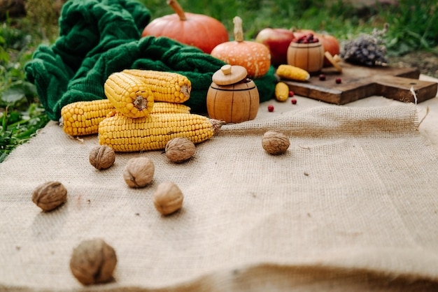 Cosecha de otoño maíz manzanas nueces bayas rojas en una tabla de madera marrón 1