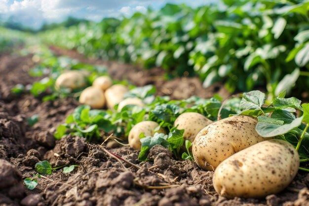 Foto cosecha de patatas en el campo verde