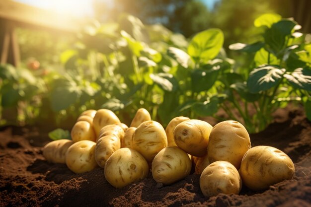 Foto la cosecha de patatas en el huerto en un día soleado