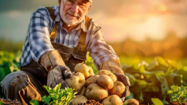 La cosecha de patatas en las manos de un granjero