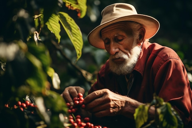 La cosecha de la plantación de café El anciano recoge el café Generativo Ai