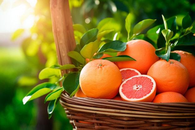 Cosecha de pomelo en una canasta recolección de pomelo fresco en el jardín Imagen brillante