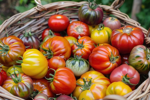 La cosecha de tomates maduros en una canasta