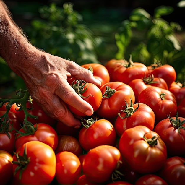 Cosecha de tomates maduros de un jardín trasero