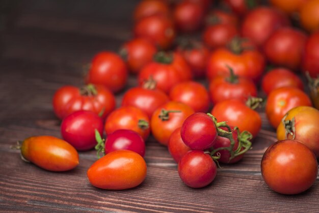 La cosecha de tomates variados Hermosos tomates maduros de diferentes variedades Tomates coloridos fondo o textura