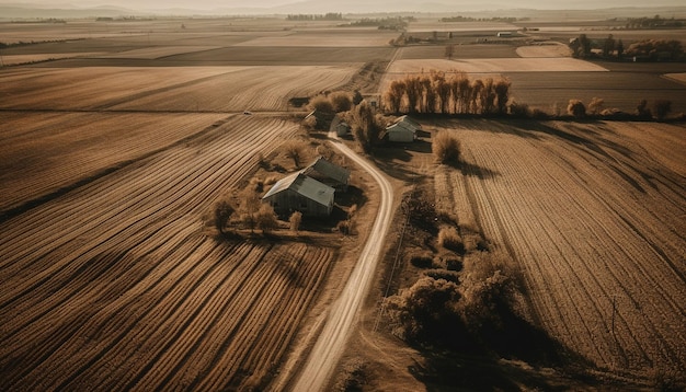 La cosecha de trigo en una granja rústica en el campo ondulado generado por la IA