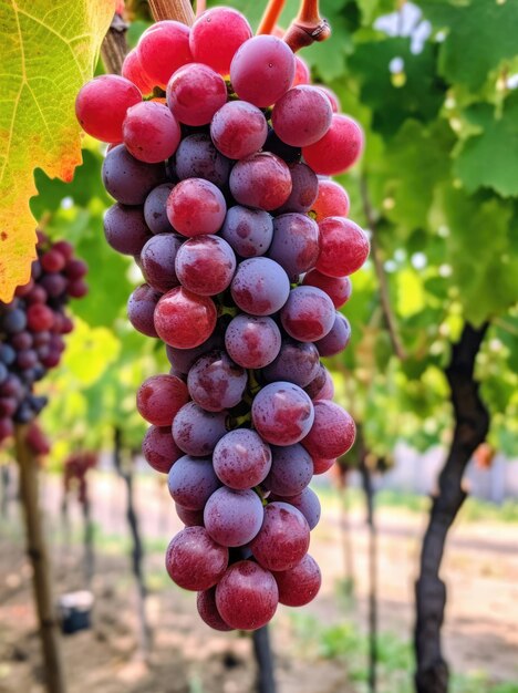 Cosecha de uvas rojas maduras en la vid