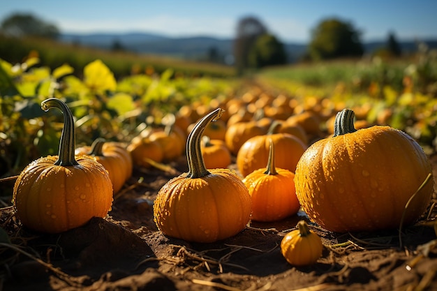 La cosecha de varias calabazas al sol en el campo