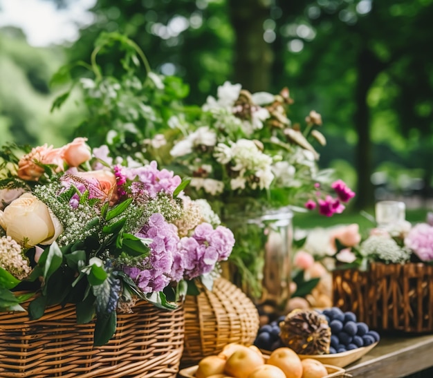 La cosecha de verano del jardín, el mercado de los agricultores y el buffet de campo, la mesa, los pasteles y los postres en la canasta de mimbre en el jardín, la comida, el catering para bodas y celebraciones festivas, la decoración floral.
