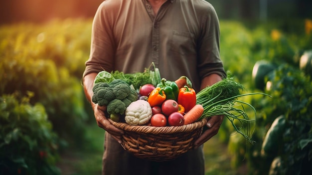 La cosecha de verduras en las manos de un agricultor masculino IA generativa