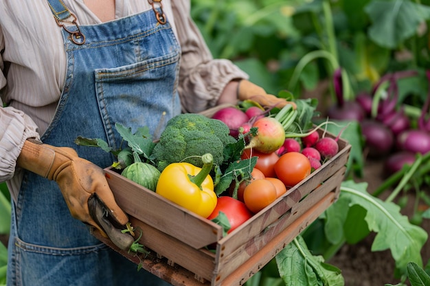 Cosecha de verduras orgánicas en cajas de madera con IA generada