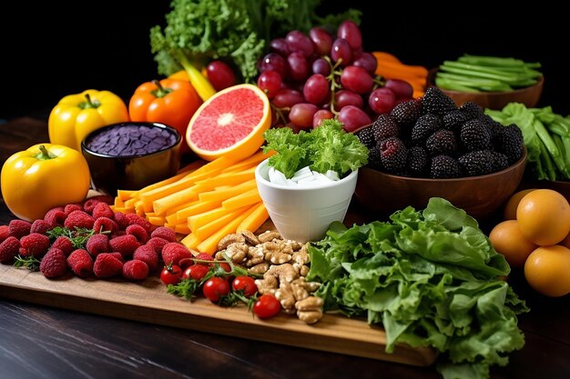 Foto una cosecha vibrante de ensaladas verdes y una variedad de frutas coloridas