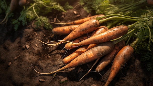 Foto cosecha de zanahorias en el suelo.