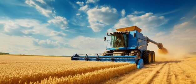 Foto una cosechadora azul cosecha trigo en los campos