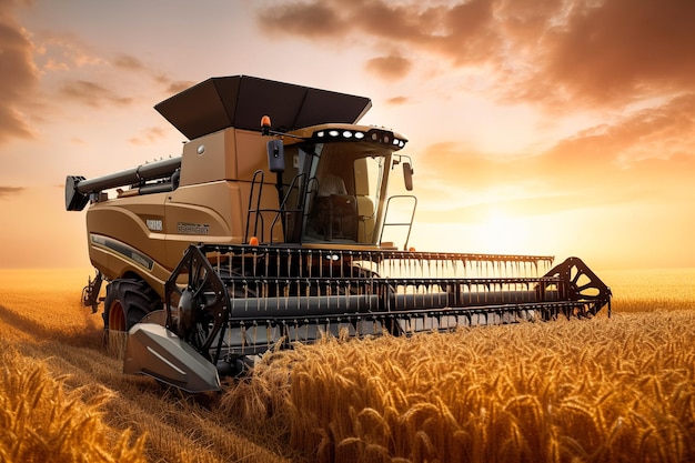 Foto una cosechadora está en un campo al atardecer.