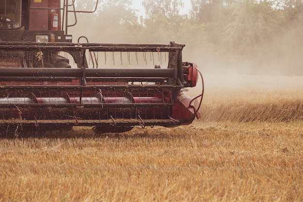 Foto cosechadora en el campo. primer plano de un carrete. época de recolección. centeno y cebada.