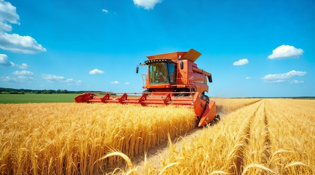 Una cosechadora en un campo de trigo bajo un cielo soleado