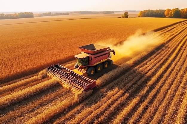 Cosechadora cosechando grano de trigo del campo en verano al atardecer Vista superior IA generativa