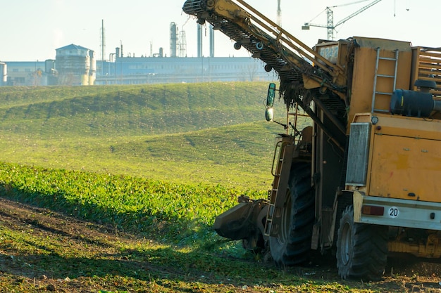 La cosechadora se encuentra en un campo agrícola durante la puesta de sol en el contexto de la fábrica Agricultura no respetuosa con el medio ambiente Cultivo de cereales junto a una planta contaminante